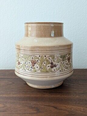 Vintage Moroccan Pottery Hand Painted Etched Large Pot Jar Vase Floral Signed